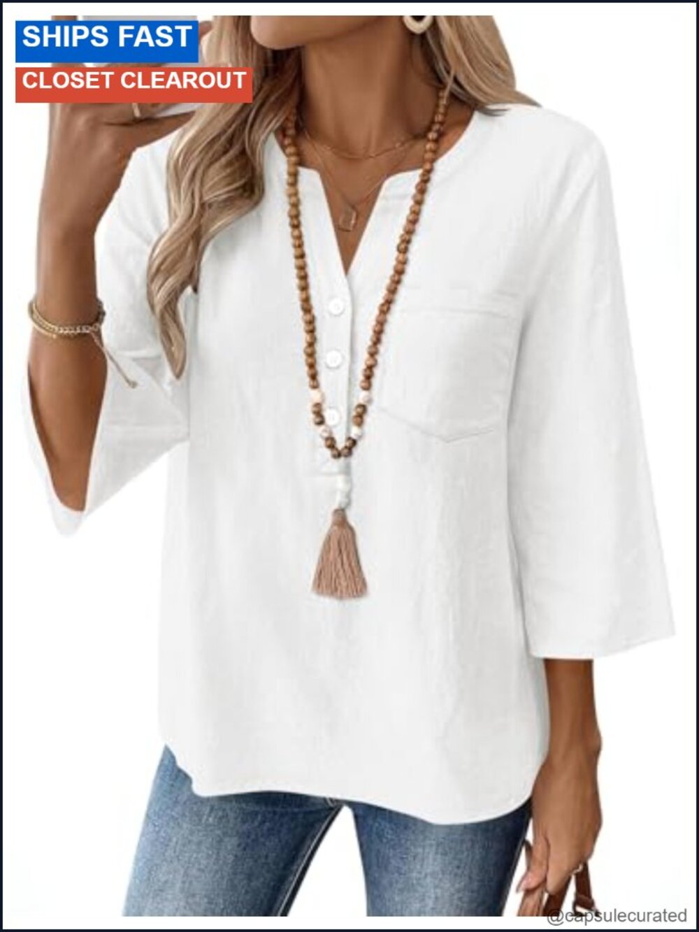 Women's Cotton Linen V-Neck 3/4 Sleeve Loose Fit Blouse